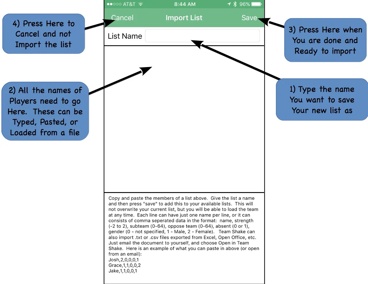 The Import List screen, with a list name field and a text area for pasted or loaded names