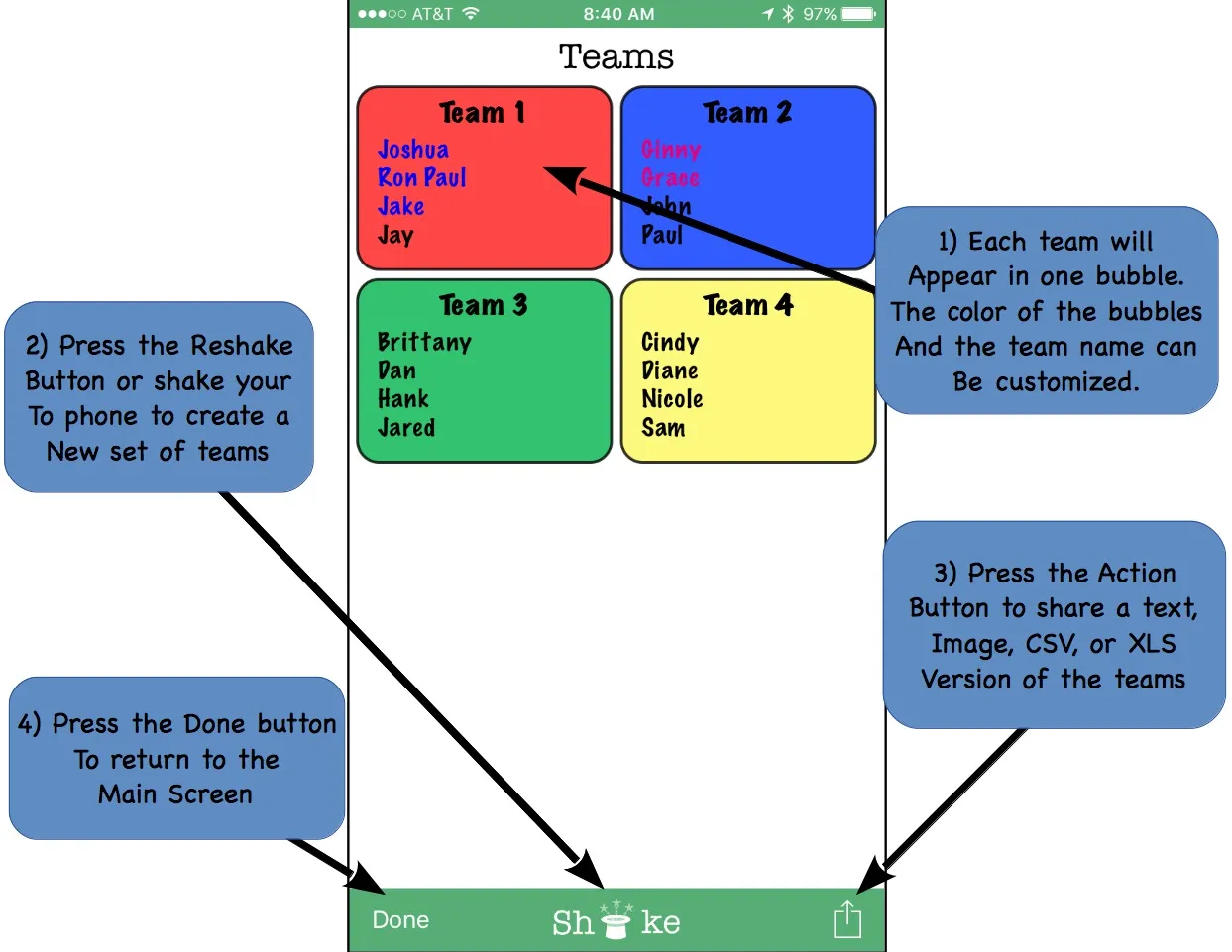 The Teams screen, showing color-coded team bubbles with member names